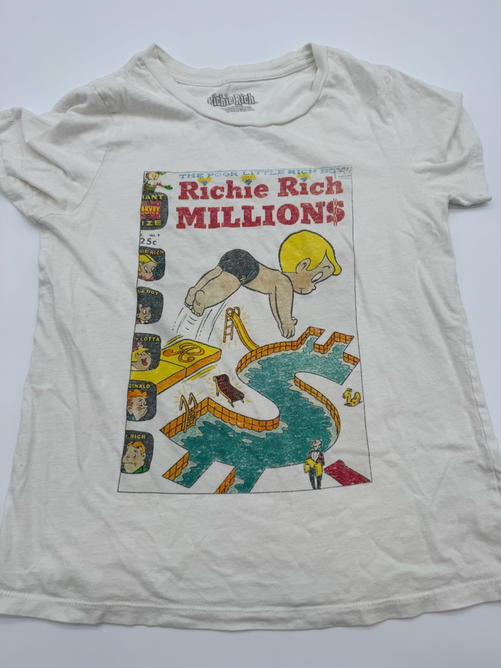 Vintage Richie Rich Graphic Tee - White with Yellow & Teal Womens small